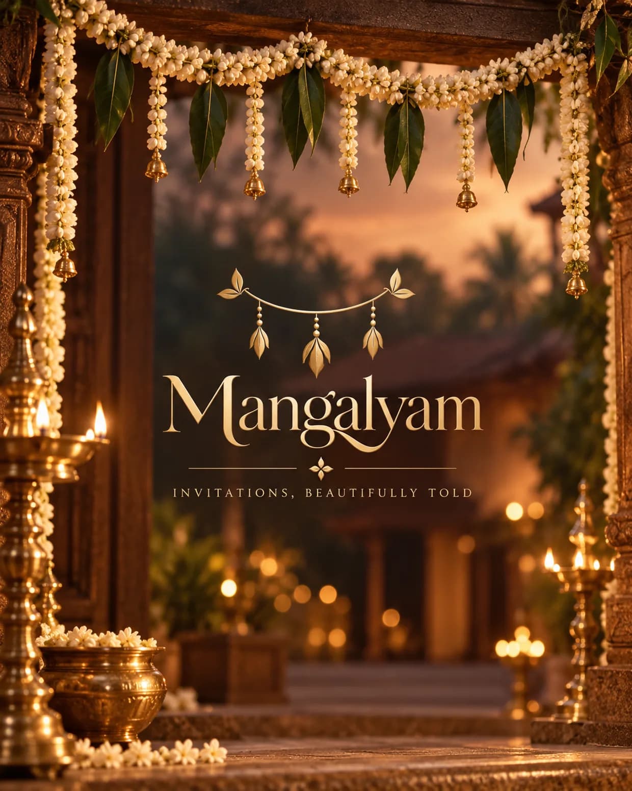 A garlanded temple entrance at dusk, hung with jasmine and mango leaves and lit by tall brass lamps