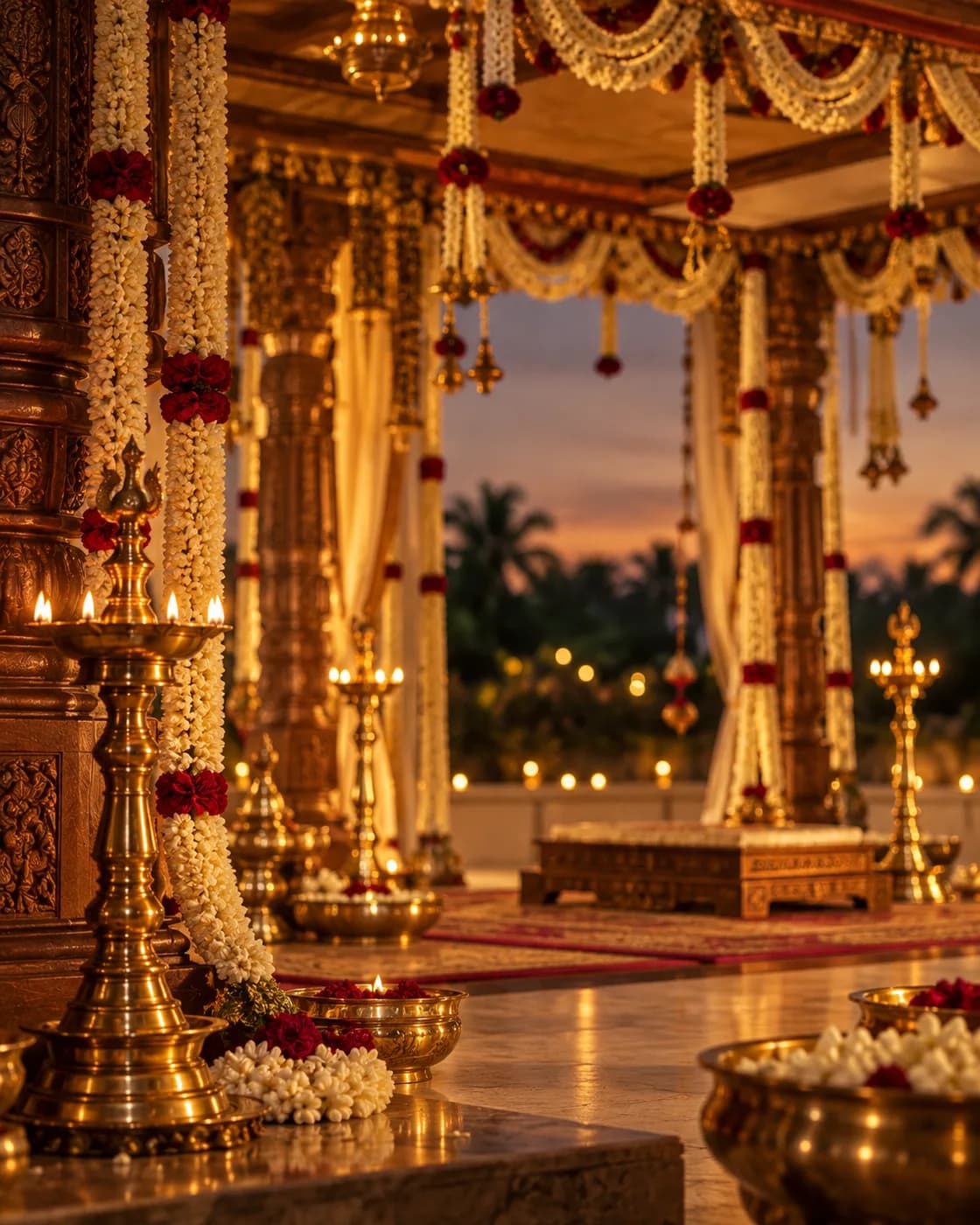 A South Indian wedding mandapam at dusk, hung with jasmine and rose garlands and lit by brass lamps
